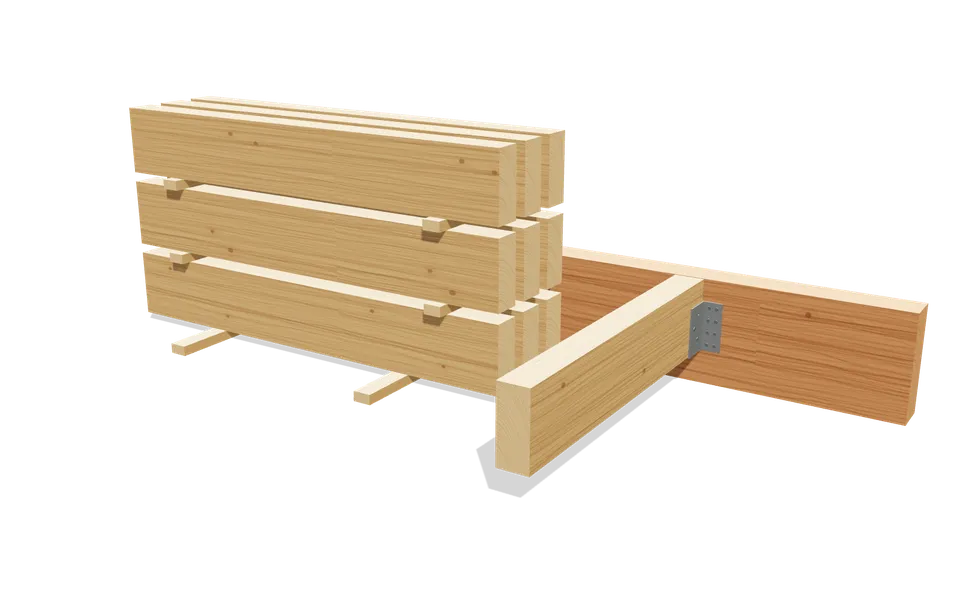 Pile de bastaings 63 × 150 en sapin avec cales, et un bastaing posé dans un sabot de 64 mm sur un madrier