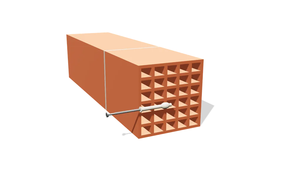 Coupe d'une brique creuse à alvéoles avec une cheville nylon longue qui traverse plusieurs cloisons et se noue dans une alvéole, et sa vis