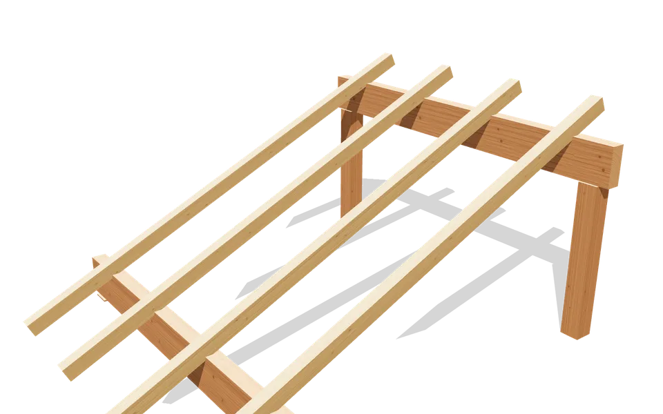 Toiture en appentis : chevrons 63 × 75 posés sur deux pannes portées par des poteaux en bois