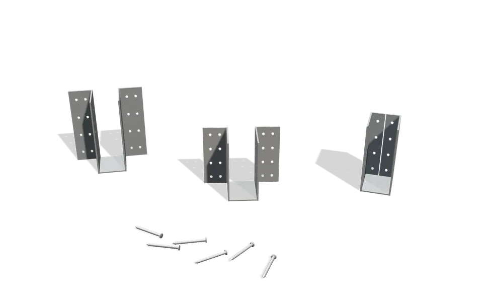 Trois sabots de charpente posés côte à côte : galvanisé à ailes extérieures, inox à ailes extérieures, galvanisé à ailes intérieures, avec des pointes annelées