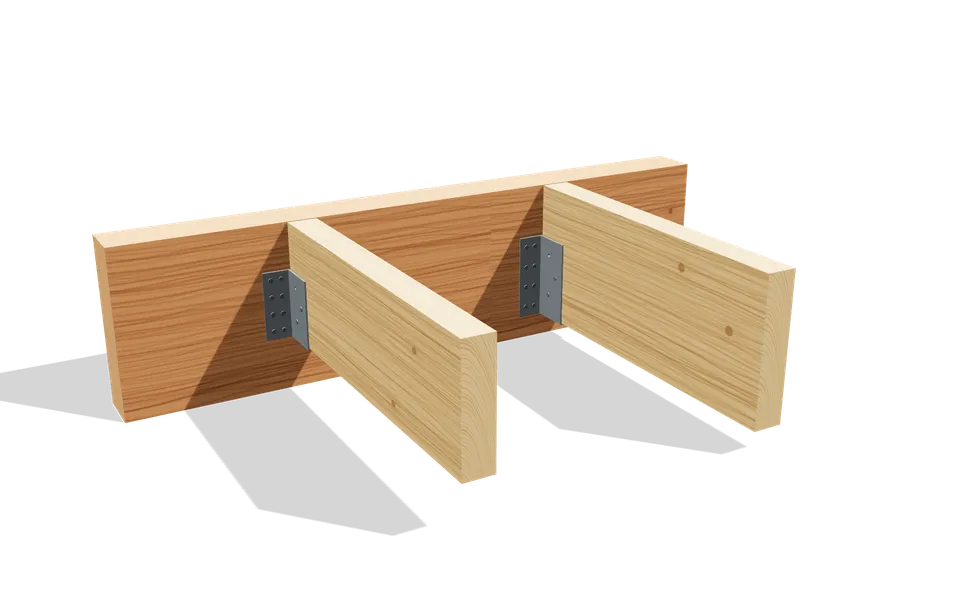 Deux solives de hauteurs différentes dans des sabots adaptés : sabot de 105 mm pour une solive de 175 mm et sabot de 137 mm pour une solive de 220 mm