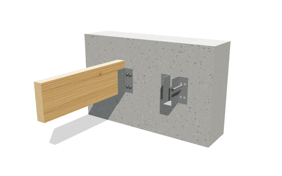 Sabots de charpente pour maçonnerie fixés sur un mur en béton avec des vis à béton et rondelles, une solive posée dans le premier