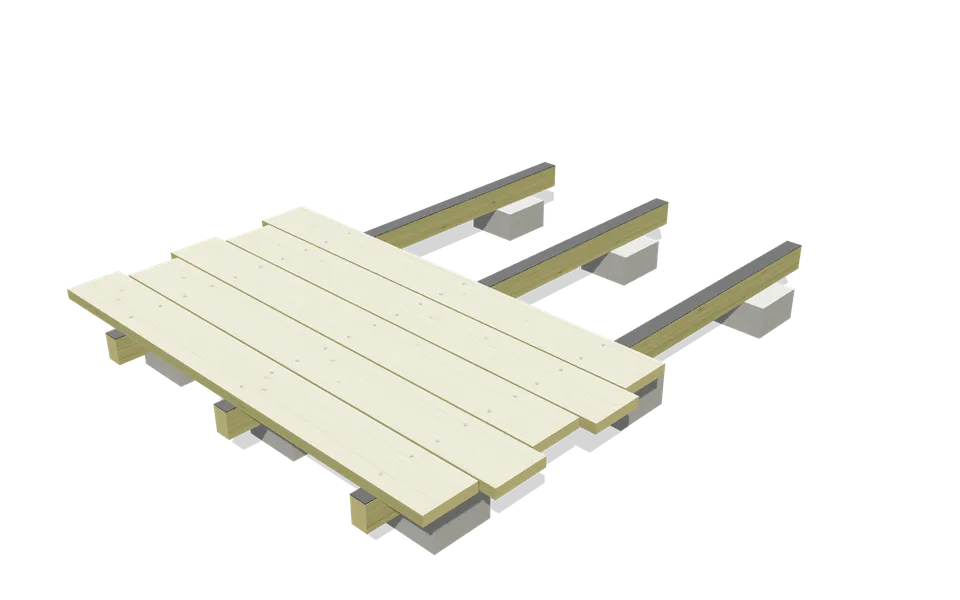 Structure de terrasse bois : lambourdes classe 4 de 45 × 70 sur plots béton avec bande bitumineuse, et lames de terrasse classe 4 vissées inox