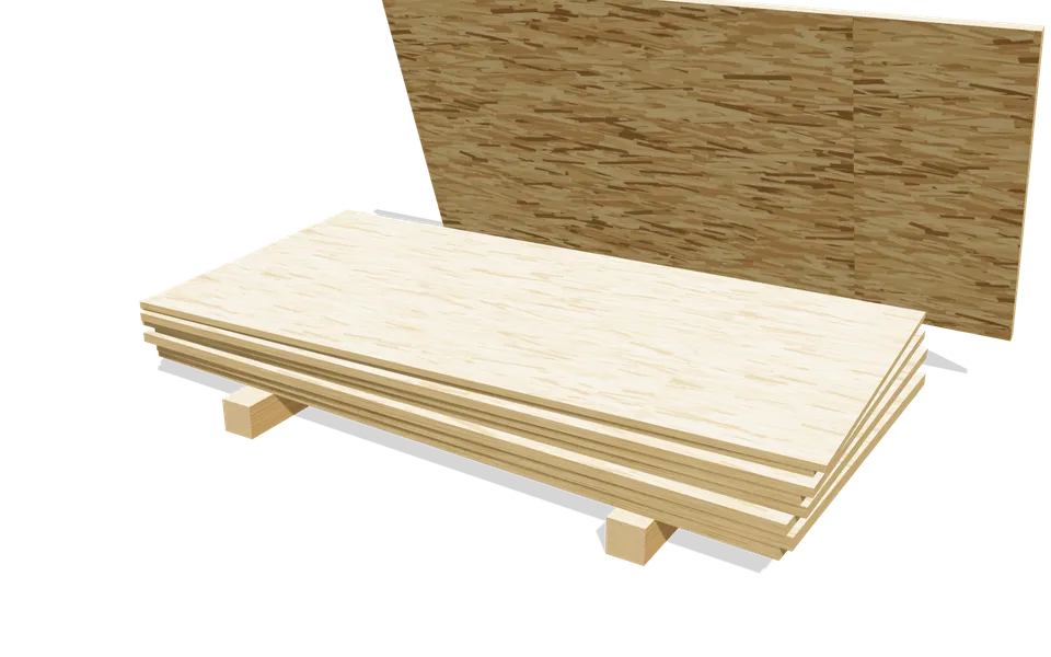 Pile de panneaux OSB de différentes épaisseurs (12, 15, 18 et 22 mm) sur des cales, et un panneau OSB debout montrant ses copeaux orientés