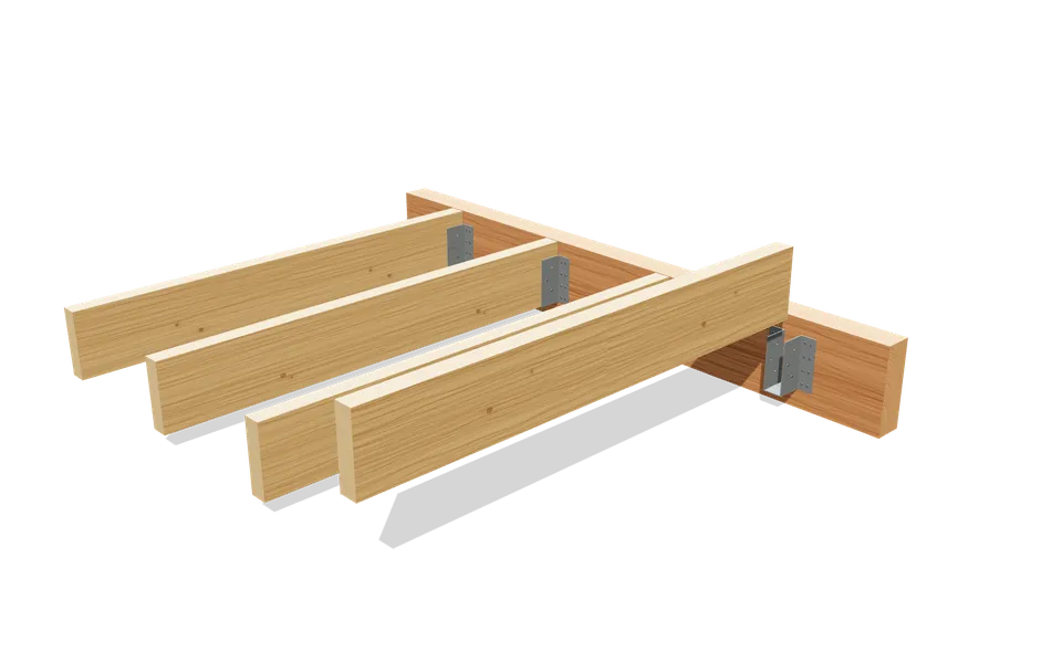 Rendu 3D d'un plancher bois : solives 45 × 175 posées dans des sabots de charpente à ailes extérieures galvanisés, cloués sur une poutre porteuse