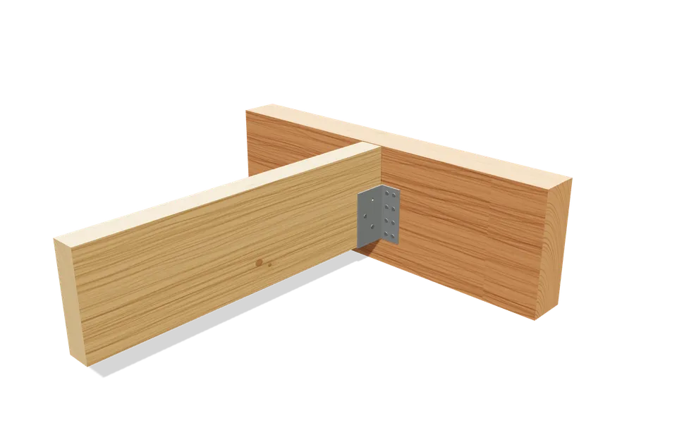 Sabot de charpente à ailes extérieures galvanisé cloué sur une poutre, solive 45 × 175 en appui au fond