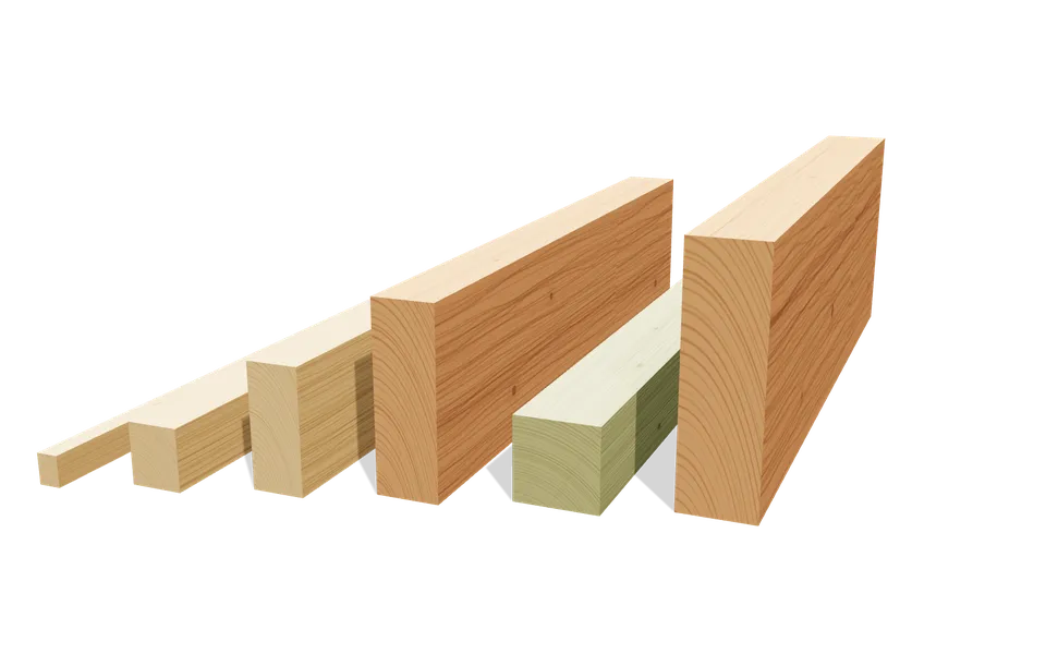 Sections de bois de construction alignées : liteau, chevron 63 × 75, bastaing 63 × 150, madrier 75 × 225, poteau 10 × 10 et poutre lamellé-collé 90 × 300
