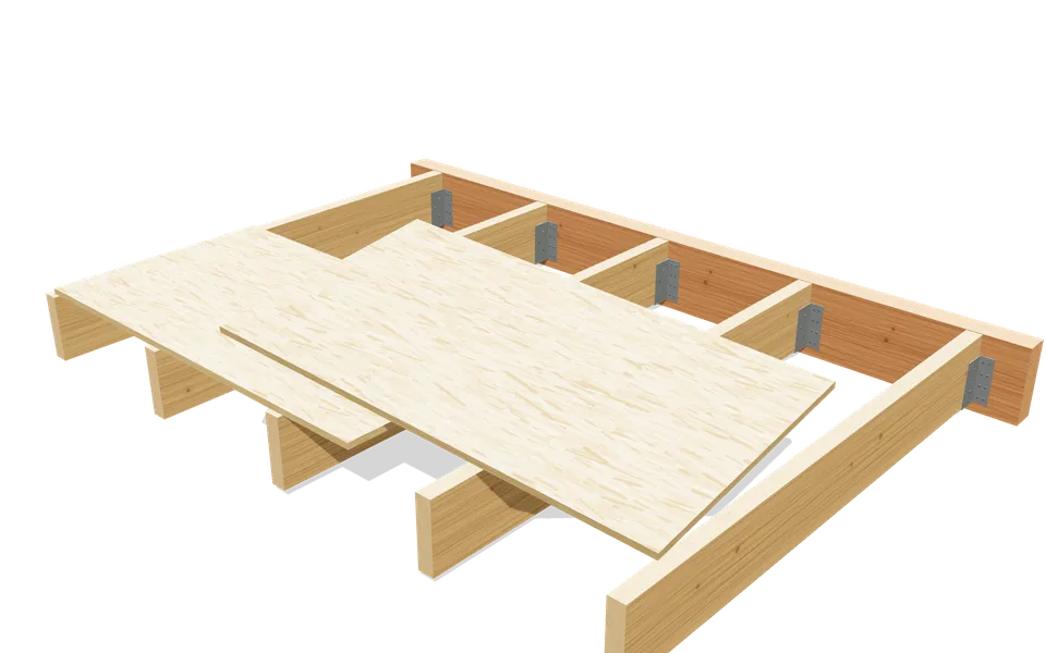 Plancher bois en cours de pose : solives 45 × 195 dans des sabots sur une poutre, un panneau OSB posé et un second en cours de pose