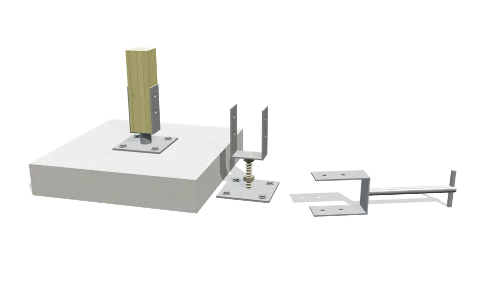Trois supports de poteau bois galvanisés : à platine boulonné sur dalle avec un poteau 7×7, réglable sur tige filetée, et à sceller avec sa tige